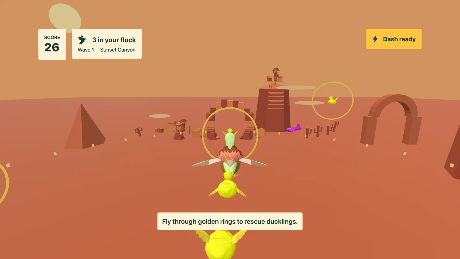 A duck and its ducklings fly toward golden rescue rings while a pink plane crosses Sunset Canyon.