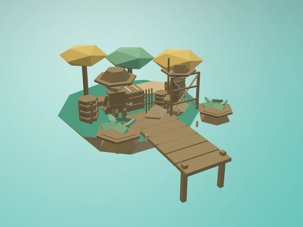 A wooden fishing dock, boats, barrels, and trees over the turquoise water of Lagoon.