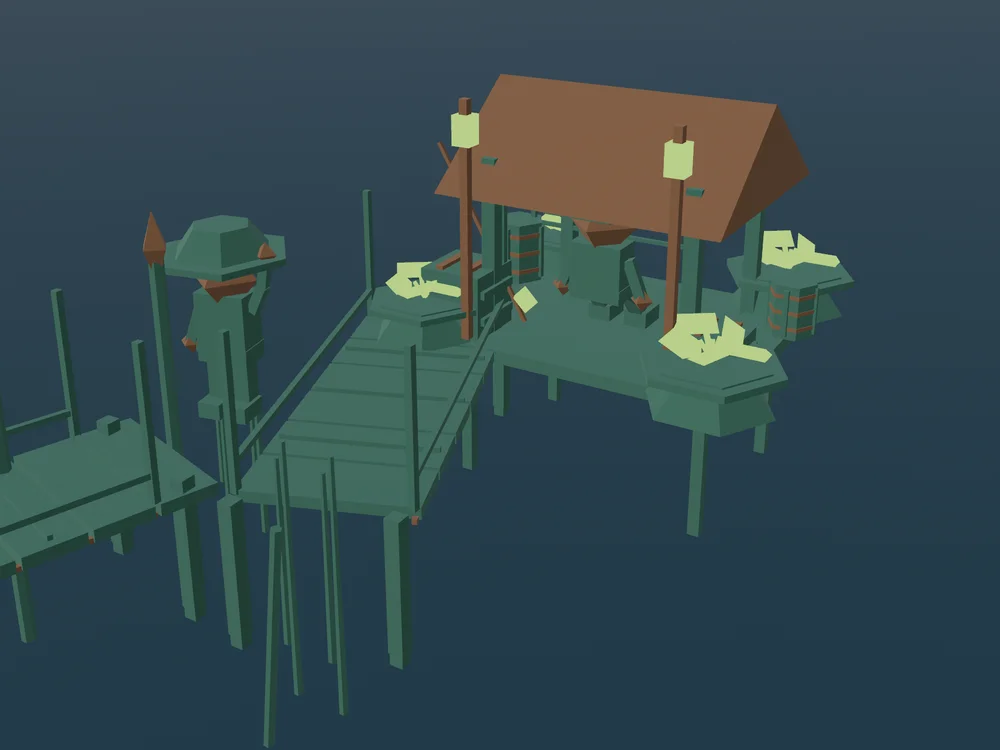 Lanterns light a wooden cabin and boardwalk above the dark water of Moonlit Marsh.